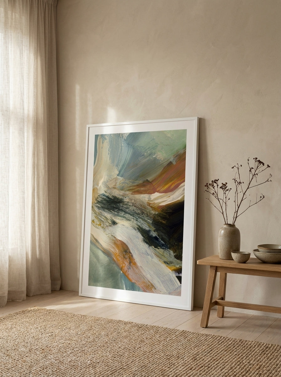 Oversized statement modern wall art print leaning against the wall in a warm Japandi living room