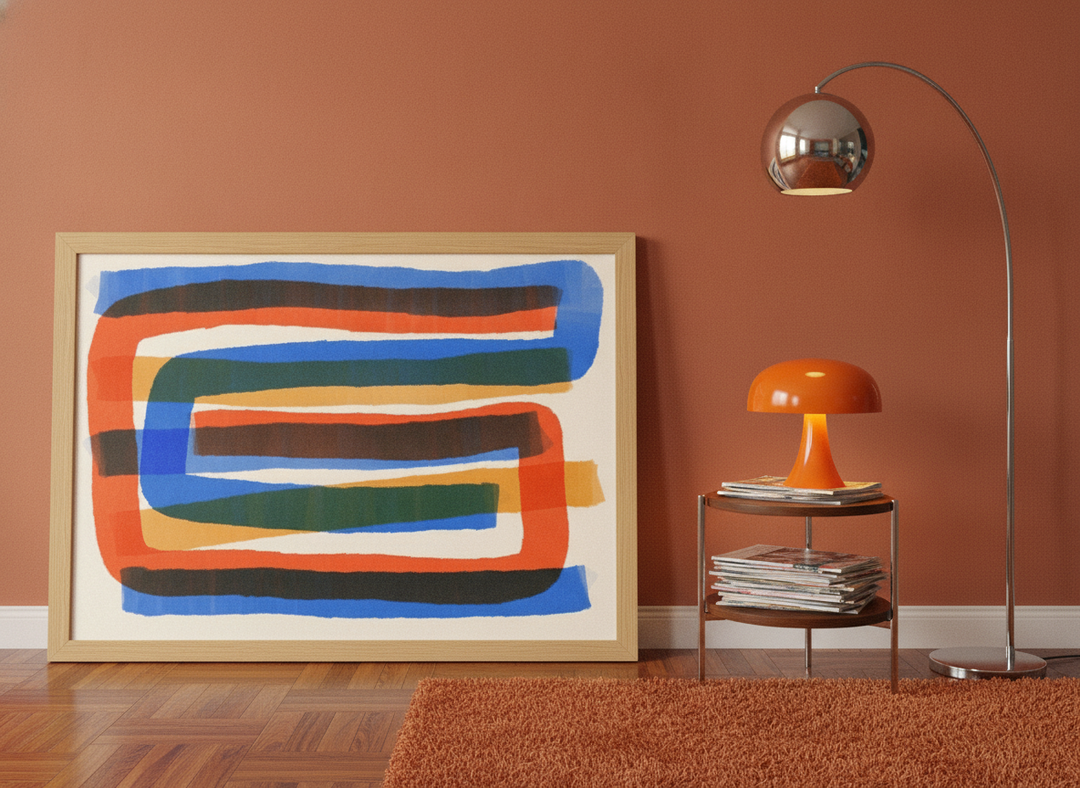 Modern wall art print leaning against the wall in a retro 70s dining room