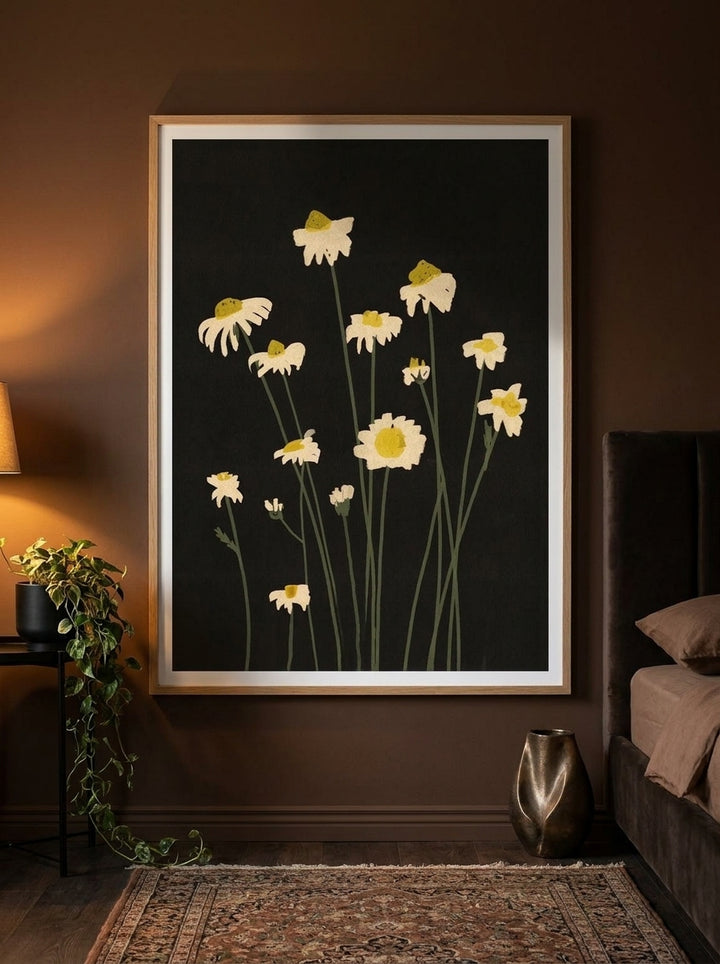 Modern wall art print styled on the wall in a moody bedroom