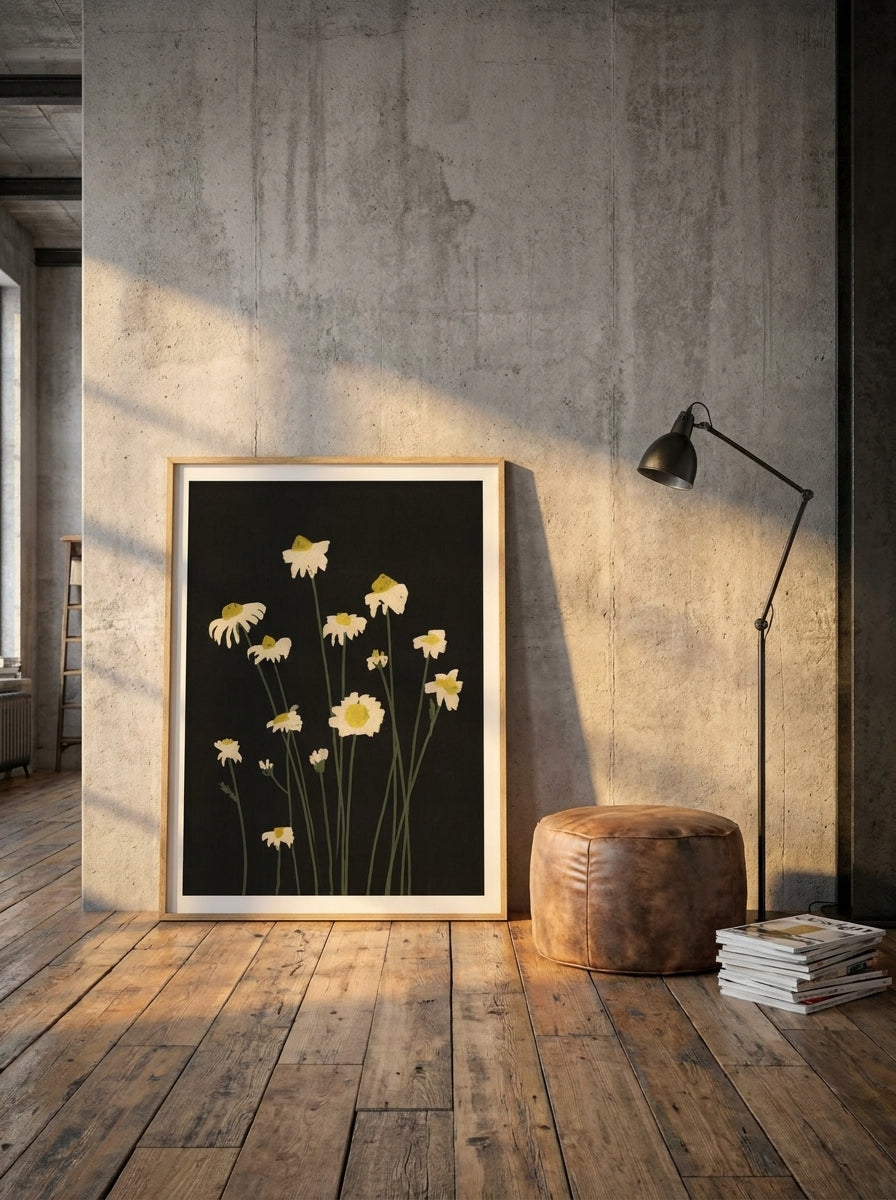Oversized statement modern wall art print leaning against the wall in an industrial loft home office