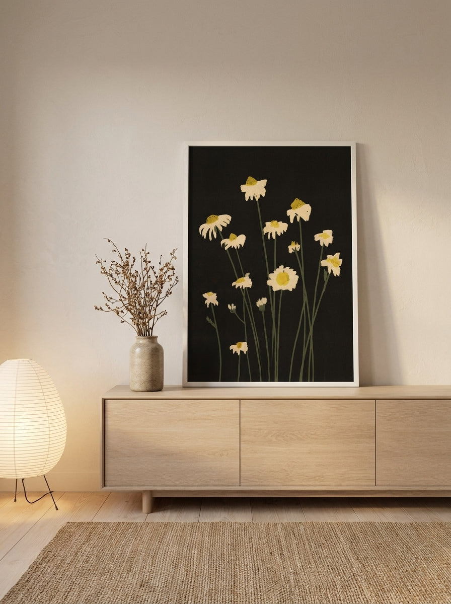 Modern wall art print standing on a sideboard in a warm Japandi dining room