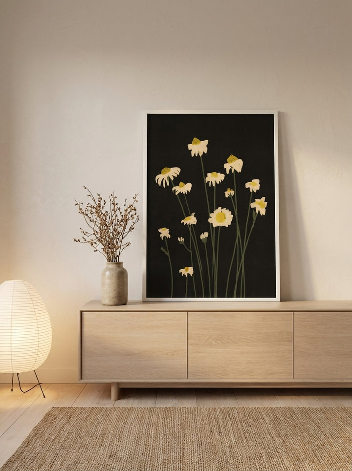 Modern wall art print standing on a sideboard in a warm Japandi dining room