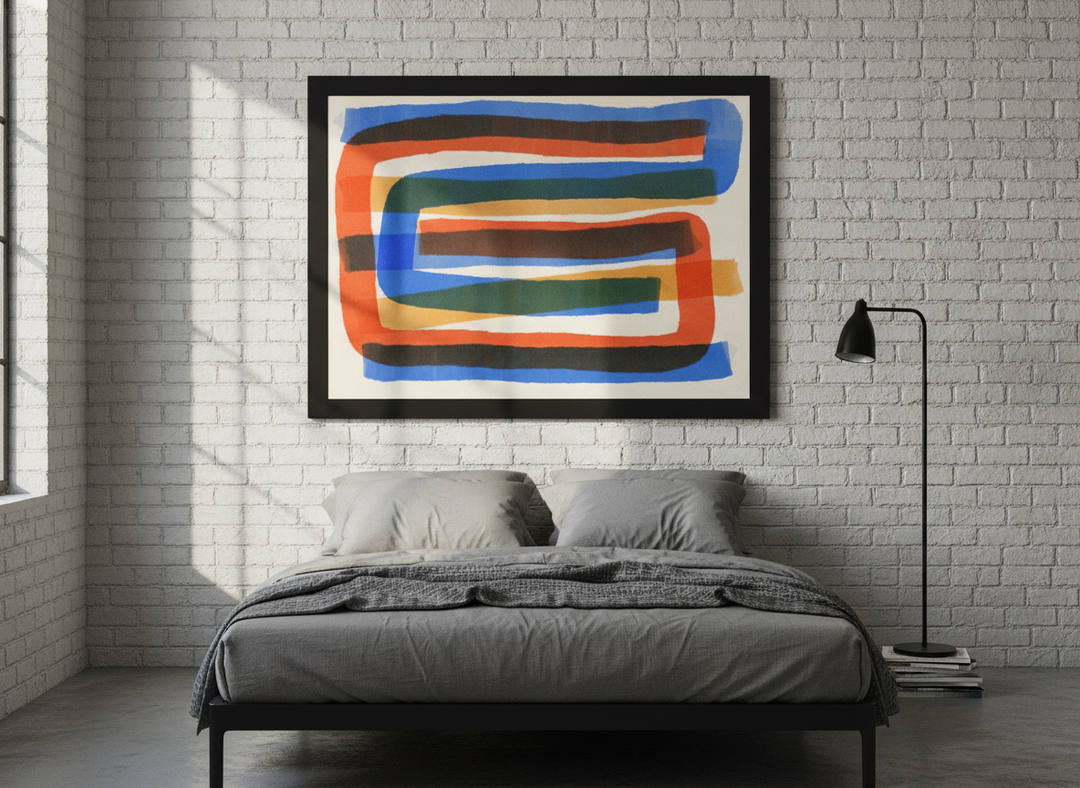 Modern wall art print styled on the wall in an industrial loft bedroom