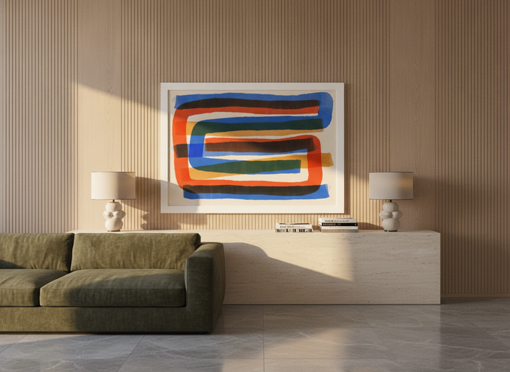 Oversized statement modern wall art print styled on the wall in a luxe living room