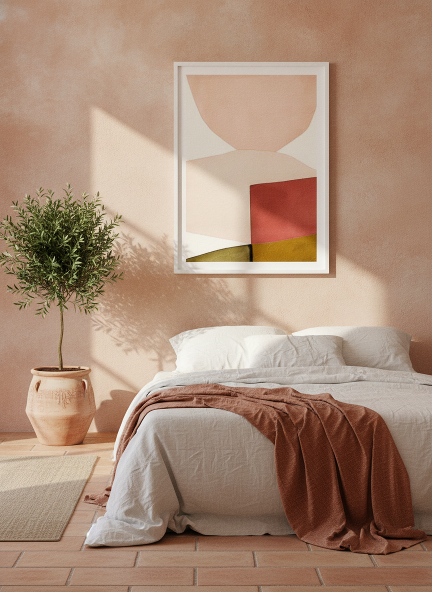 Modern wall art print styled on the wall in a Mediterranean bedroom