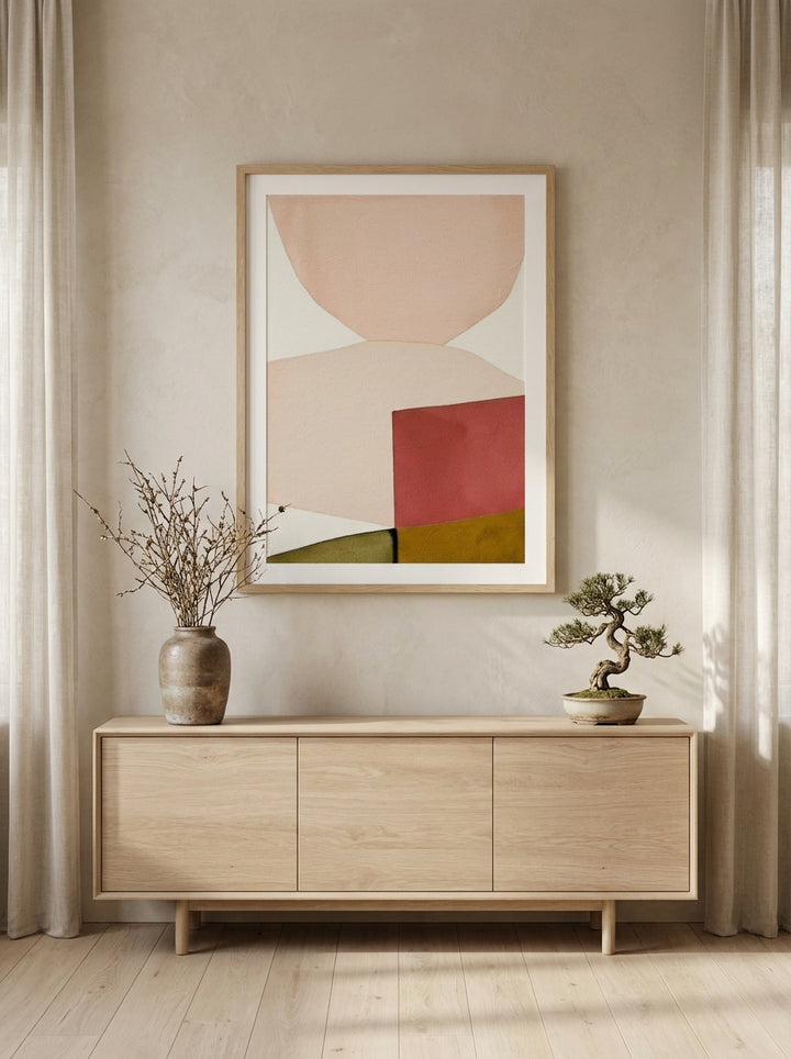 Modern wall art print styled on the wall in a warm Japandi living room