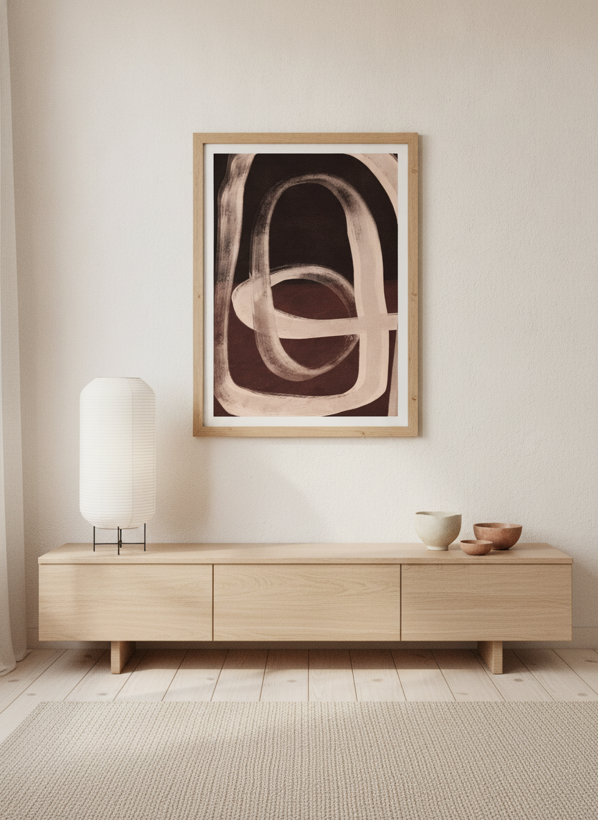 Modern wall art print styled on the wall in a warm Japandi living room