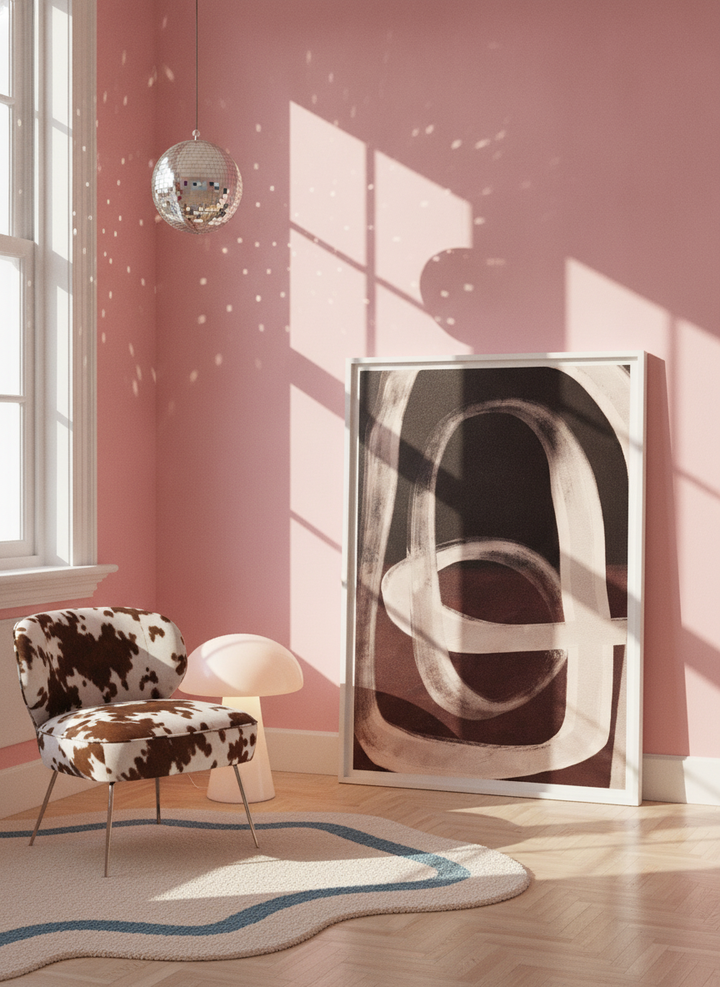 Modern wall art print leaning against the wall in a colourful eclectic bedroom