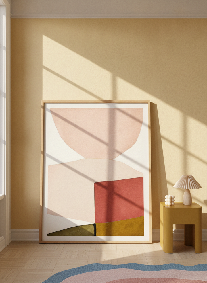 Oversized statement modern wall art print leaning against the wall in a colourful eclectic dining room
