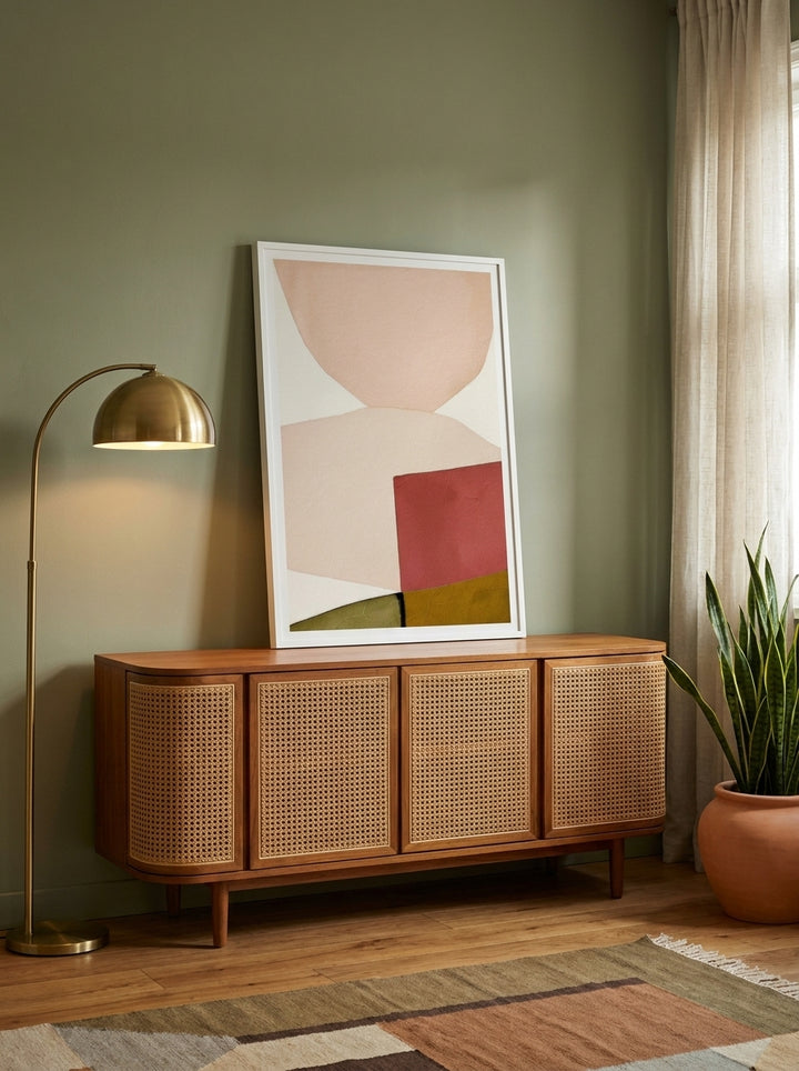 Modern wall art print standing on a sideboard in a mid-century home office