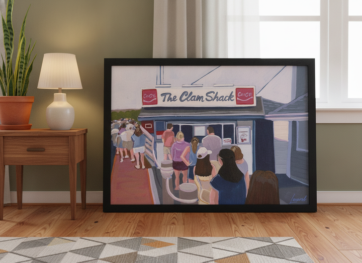 Modern wall art print leaning against the wall in a mid-century kitchen