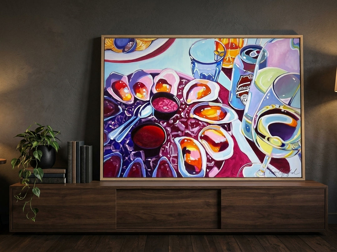 Modern wall art print standing on a sideboard in a moody dining room