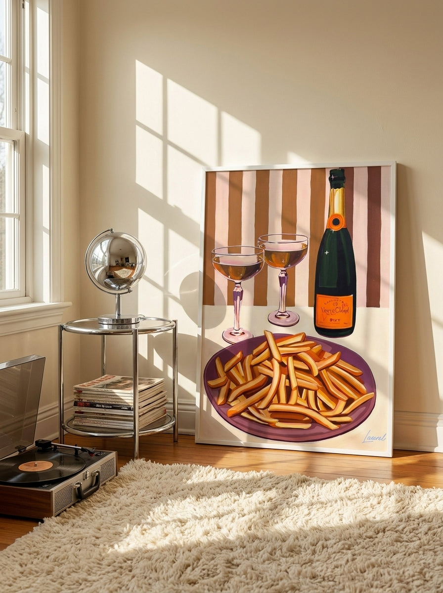 Modern wall art print leaning against the wall in a retro 70s living room