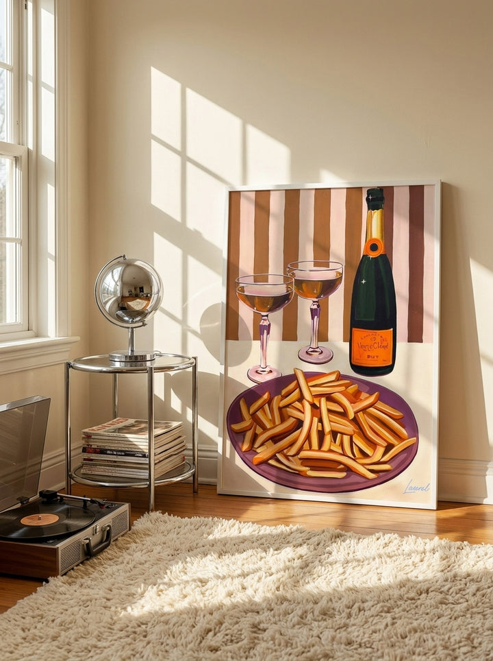 Modern wall art print leaning against the wall in a retro 70s living room