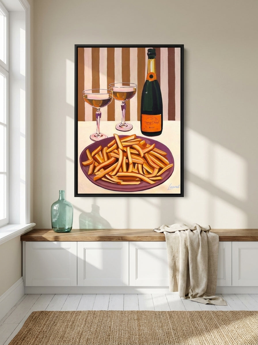 Canvas wall art with a black surround styled on the wall in a coastal kitchen
