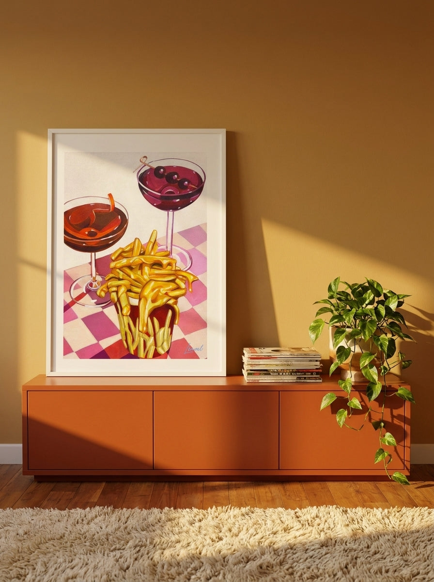 Modern wall art print standing on a sideboard in a retro 70s living room