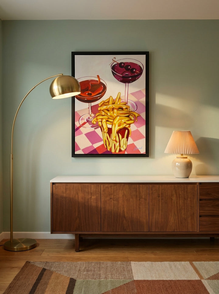 Modern wall art print styled on the wall in a mid-century kitchen