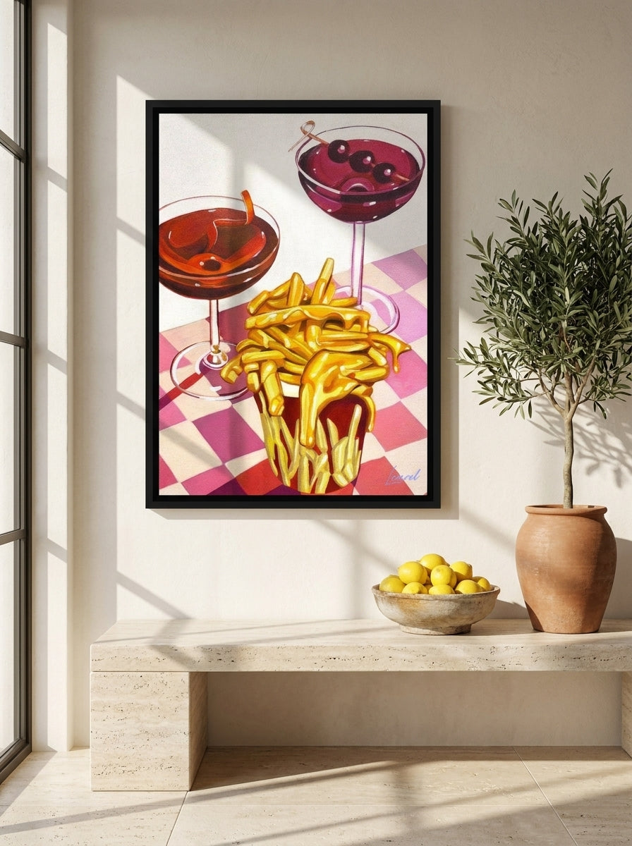 Canvas wall art with a black surround styled on the wall in a Mediterranean kitchen