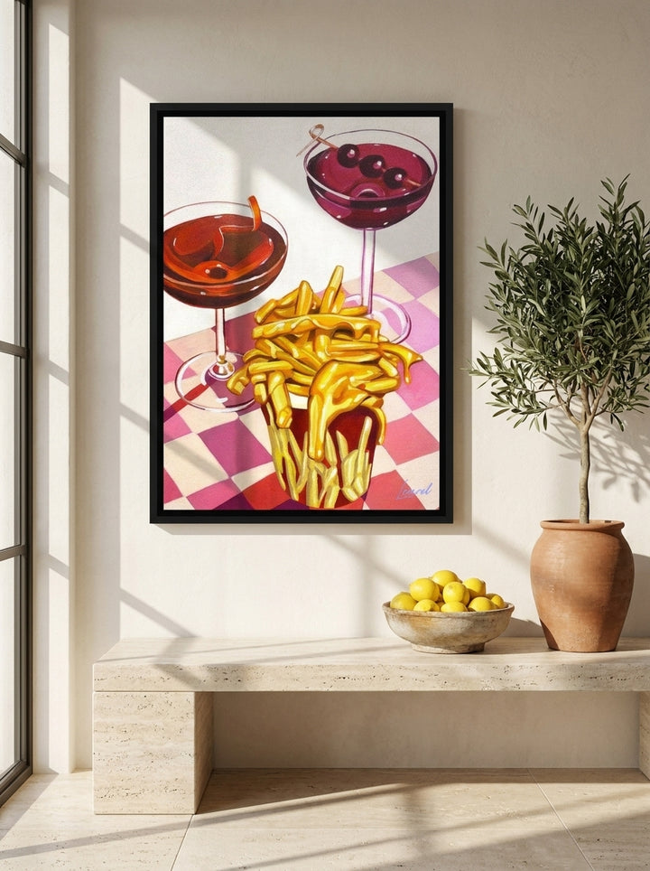 Canvas wall art with a black surround styled on the wall in a Mediterranean kitchen