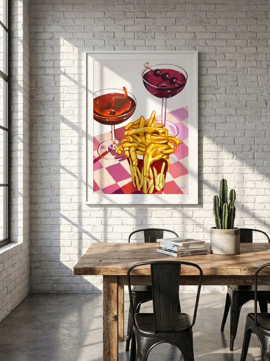 Modern wall art print styled on the wall in an industrial loft dining room