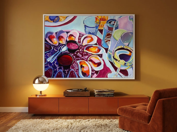 Oversized statement modern wall art print styled on the wall in a retro 70s living room