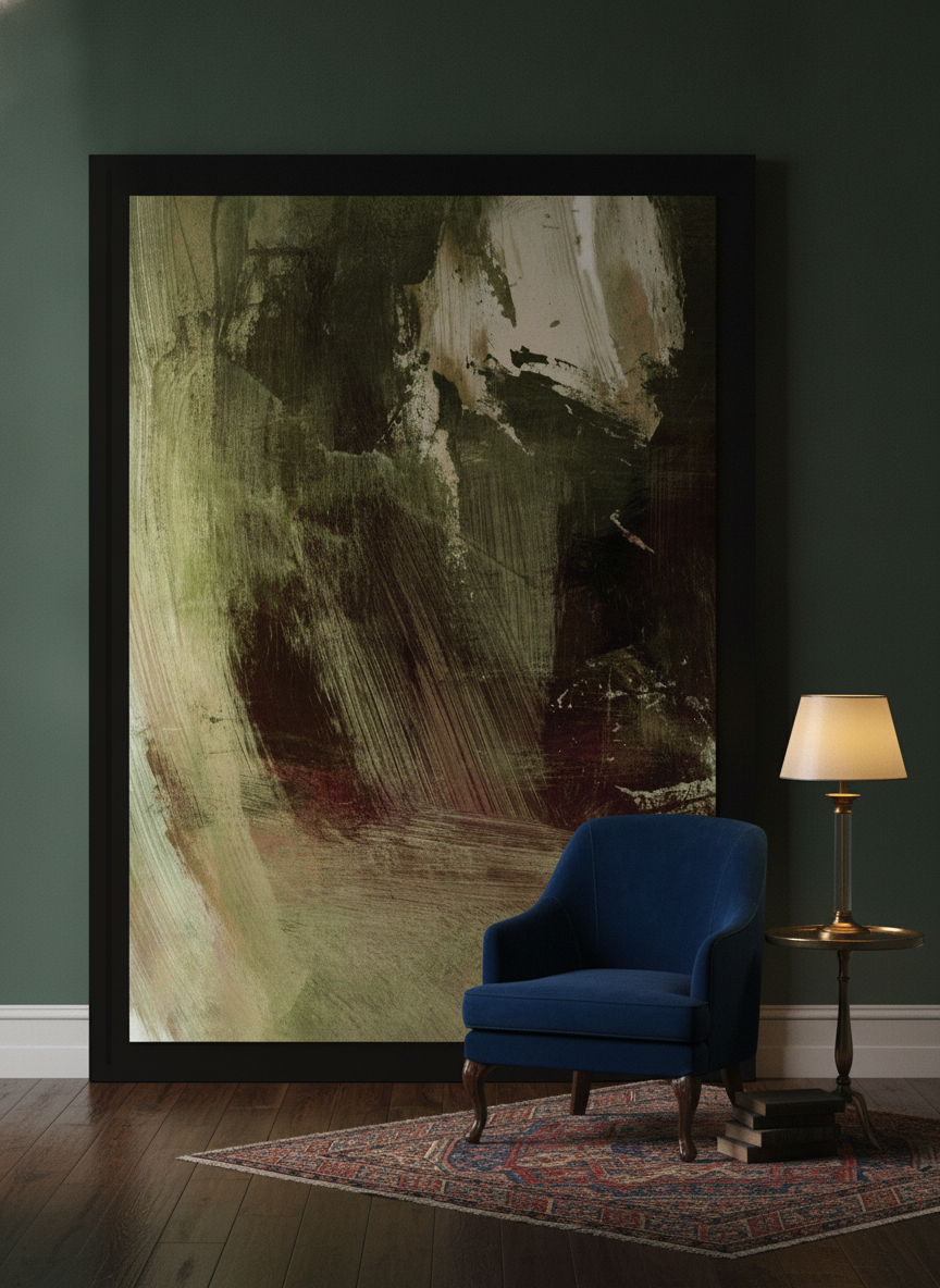 Oversized statement modern wall art print leaning against the wall in a moody home office