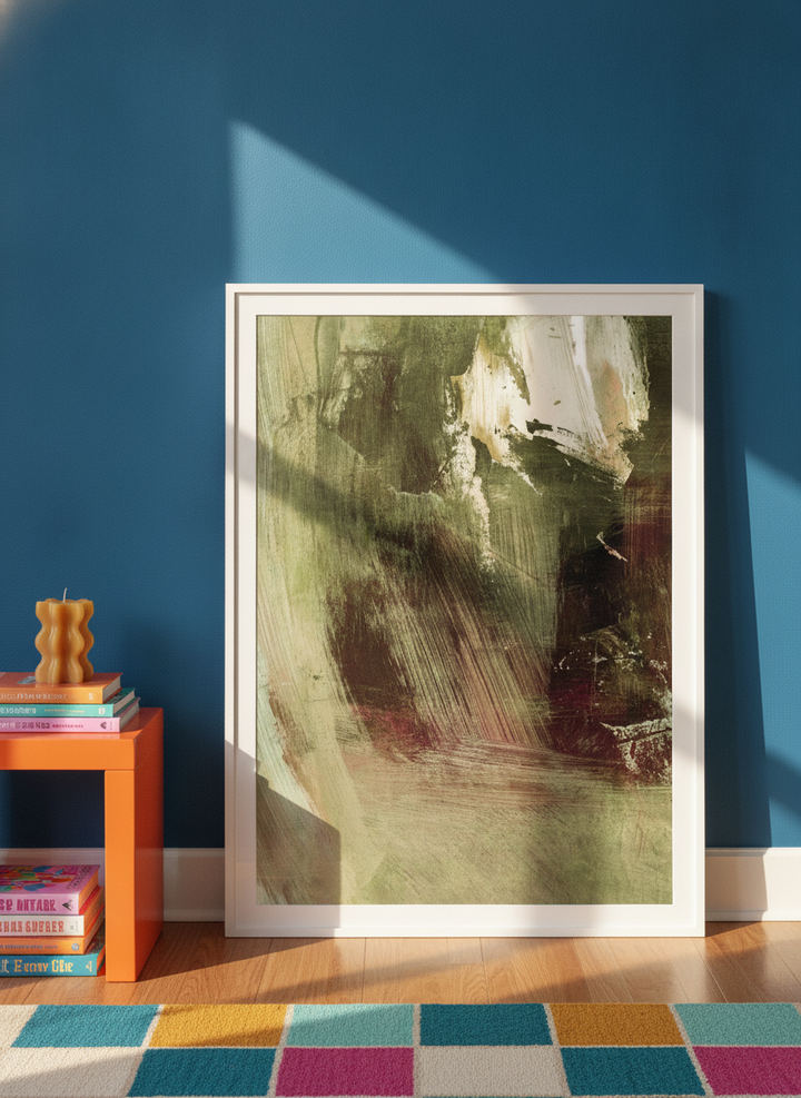 Modern wall art print leaning against the wall in a colourful eclectic home office
