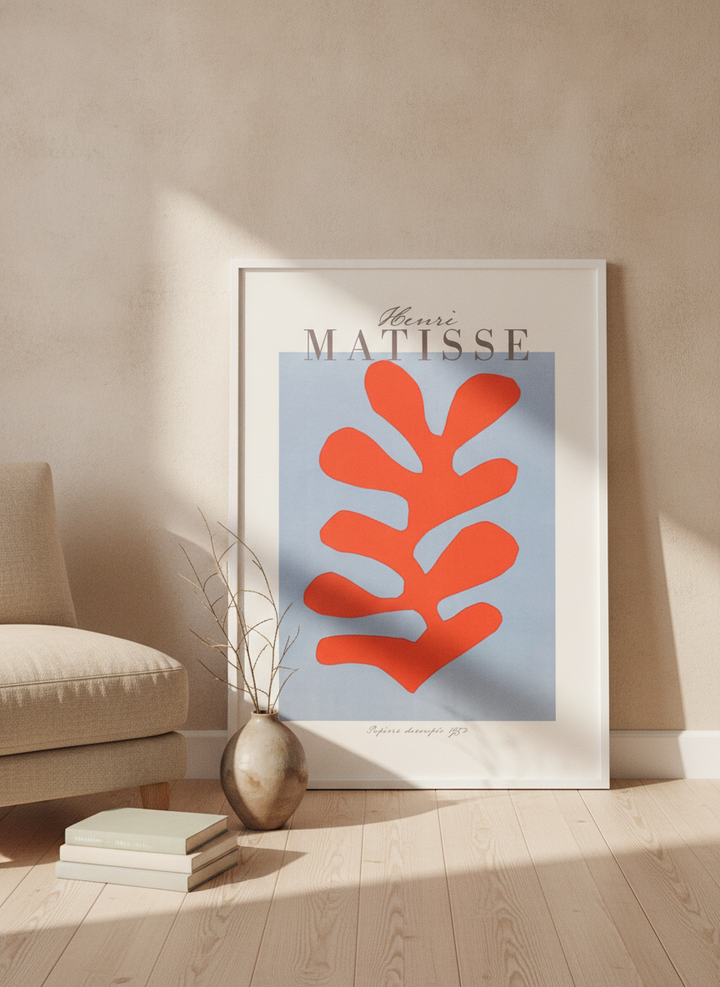 Modern wall art print leaning against the wall in a warm Japandi home office