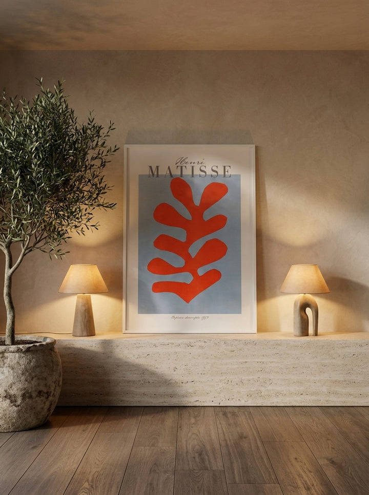 Modern wall art print standing on a console in a luxe bedroom