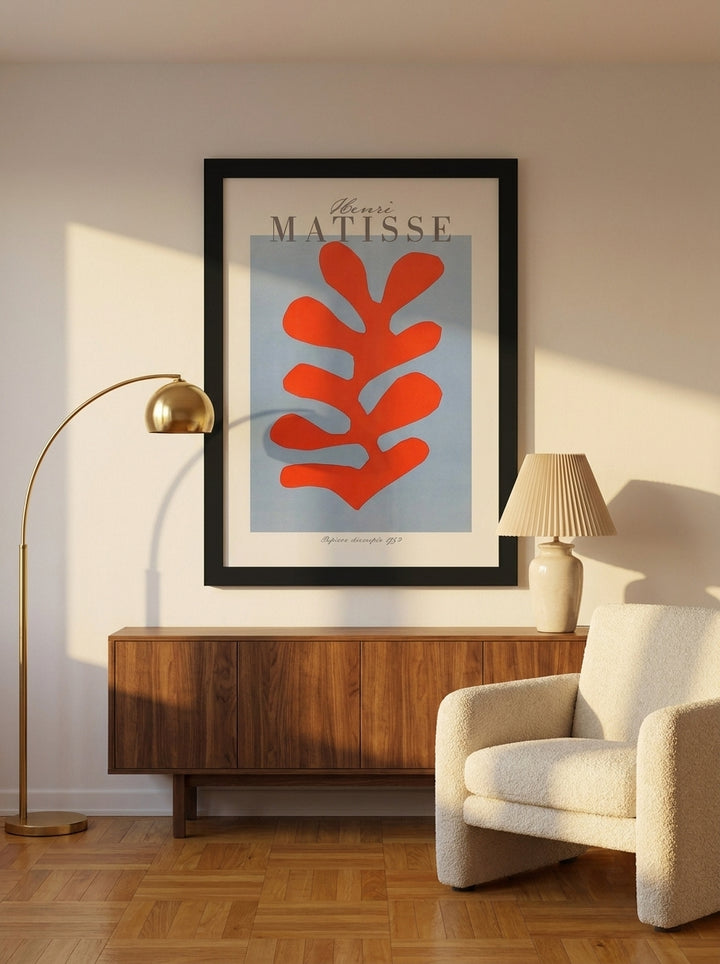 Modern wall art print styled on the wall in a mid-century living room
