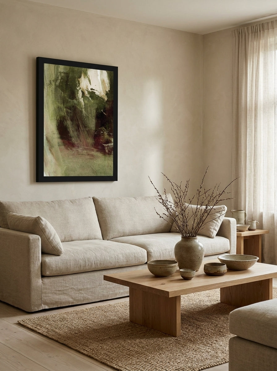 Modern wall art print styled on the wall in a warm Japandi living room