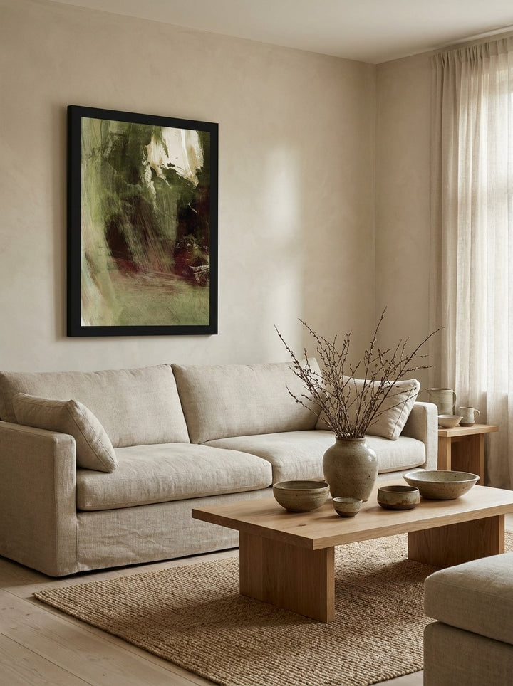 Modern wall art print styled on the wall in a warm Japandi living room