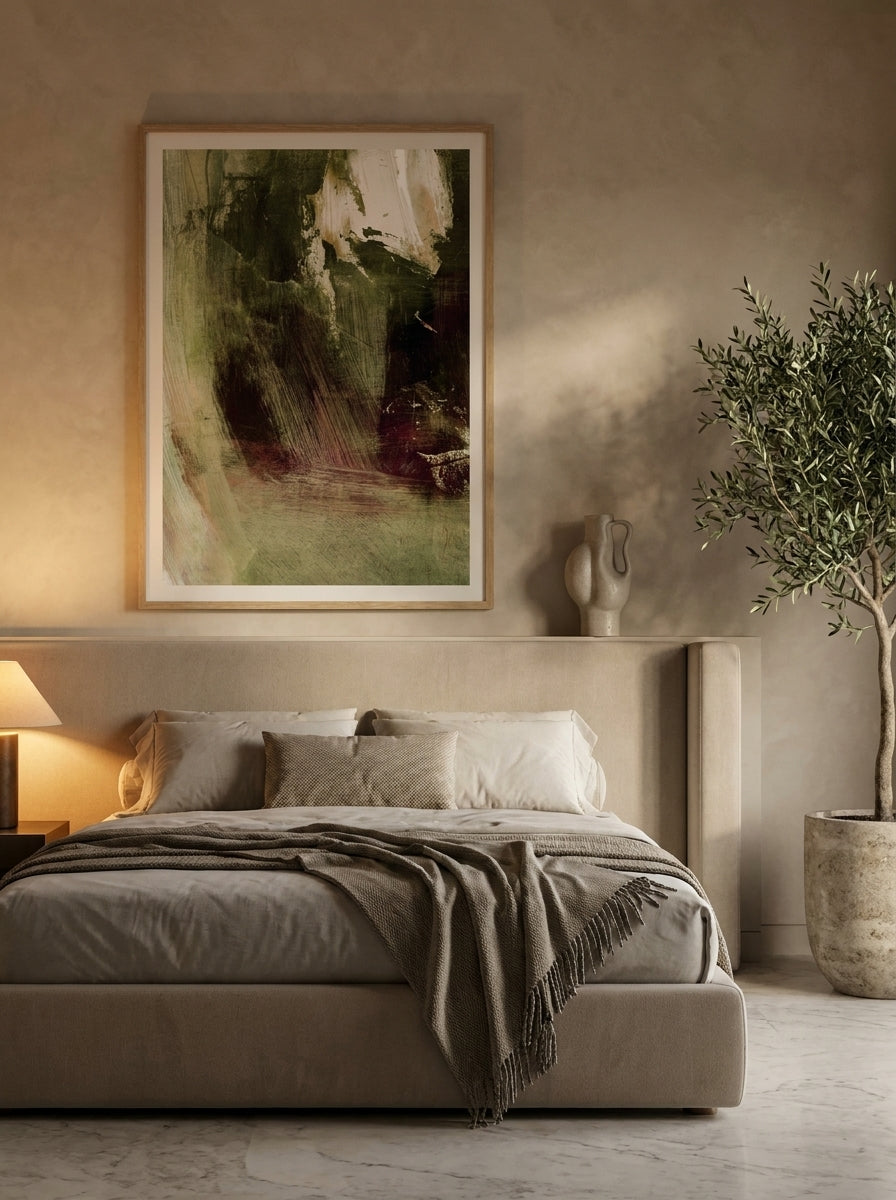 Oversized statement modern wall art print styled on the wall in a luxe bedroom