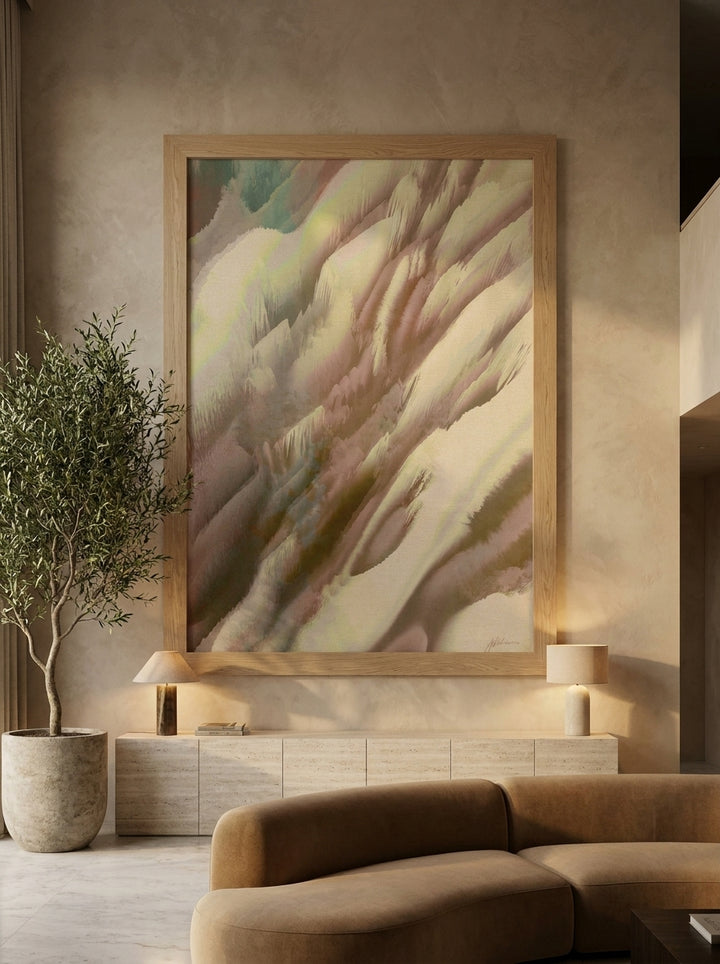 Oversized statement modern wall art print styled on the wall in a luxe living room