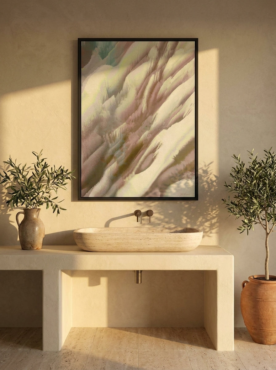 Modern wall art print styled on the wall in a Mediterranean bathroom