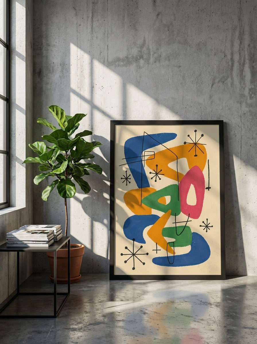 Oversized statement modern wall art print leaning against the wall in an industrial loft living room