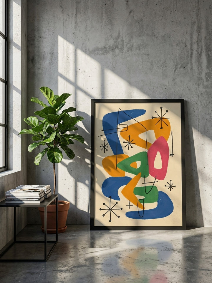 Oversized statement modern wall art print leaning against the wall in an industrial loft living room