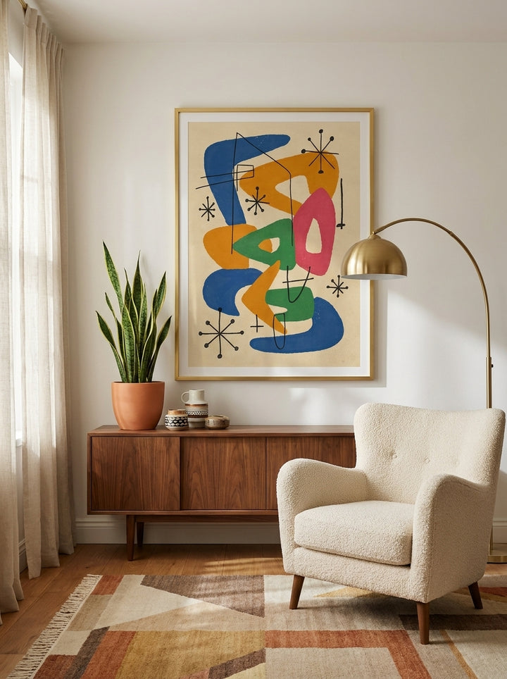 Modern wall art print styled on the wall in a mid-century living room