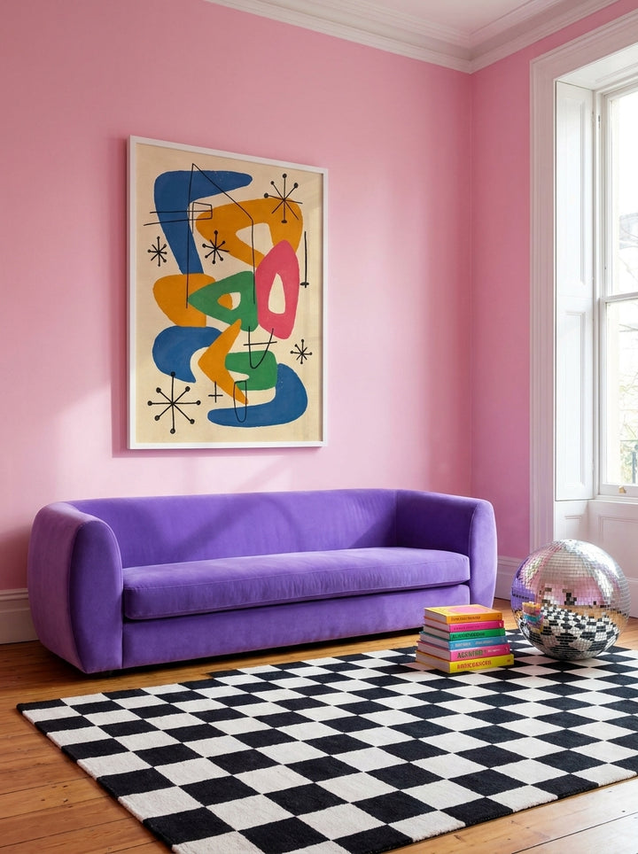 Oversized statement modern wall art print styled on the wall in a colourful eclectic living room