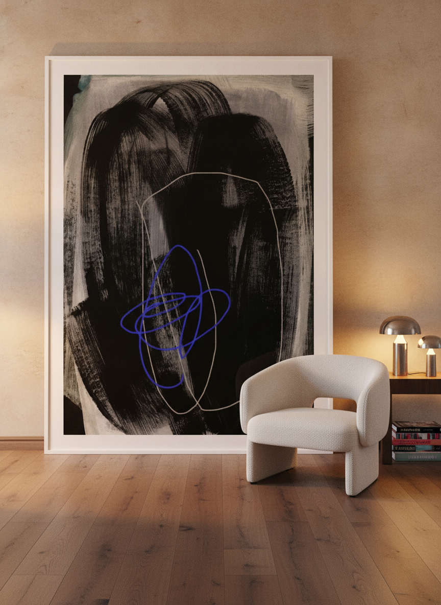 Oversized statement modern wall art print leaning against the wall in a luxe living room