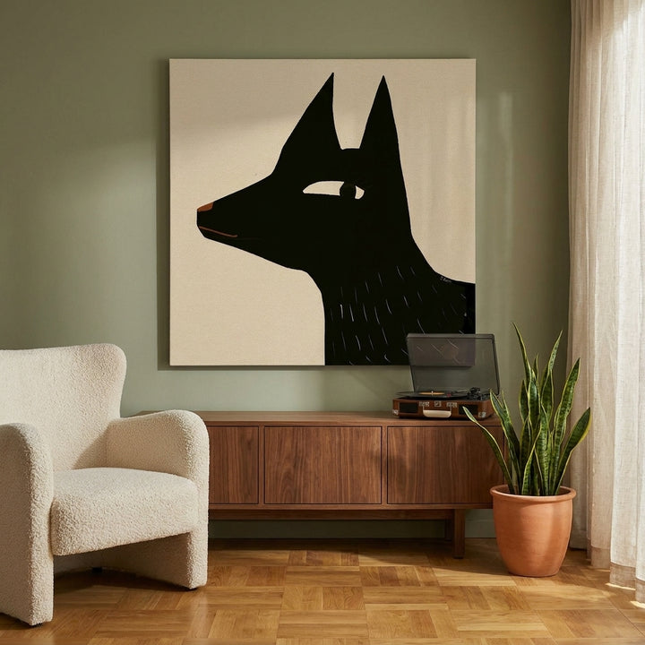 Stretched canvas wall art styled on the wall in a mid-century living room