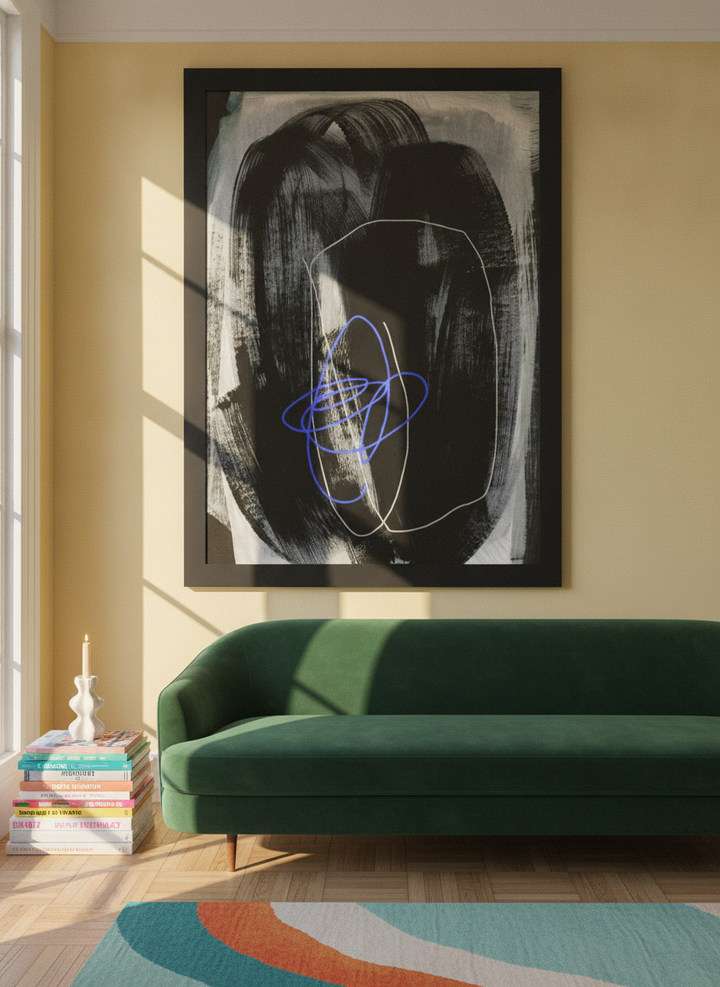 Oversized statement modern wall art print styled on the wall in a colourful eclectic living room
