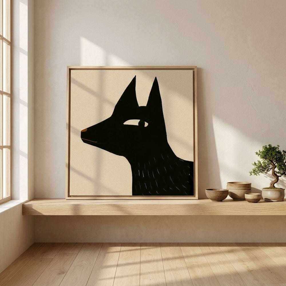 Canvas wall art with a natural timber surround standing on a shelf in a warm Japandi home office