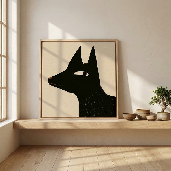 Canvas wall art with a natural timber surround standing on a shelf in a warm Japandi home office