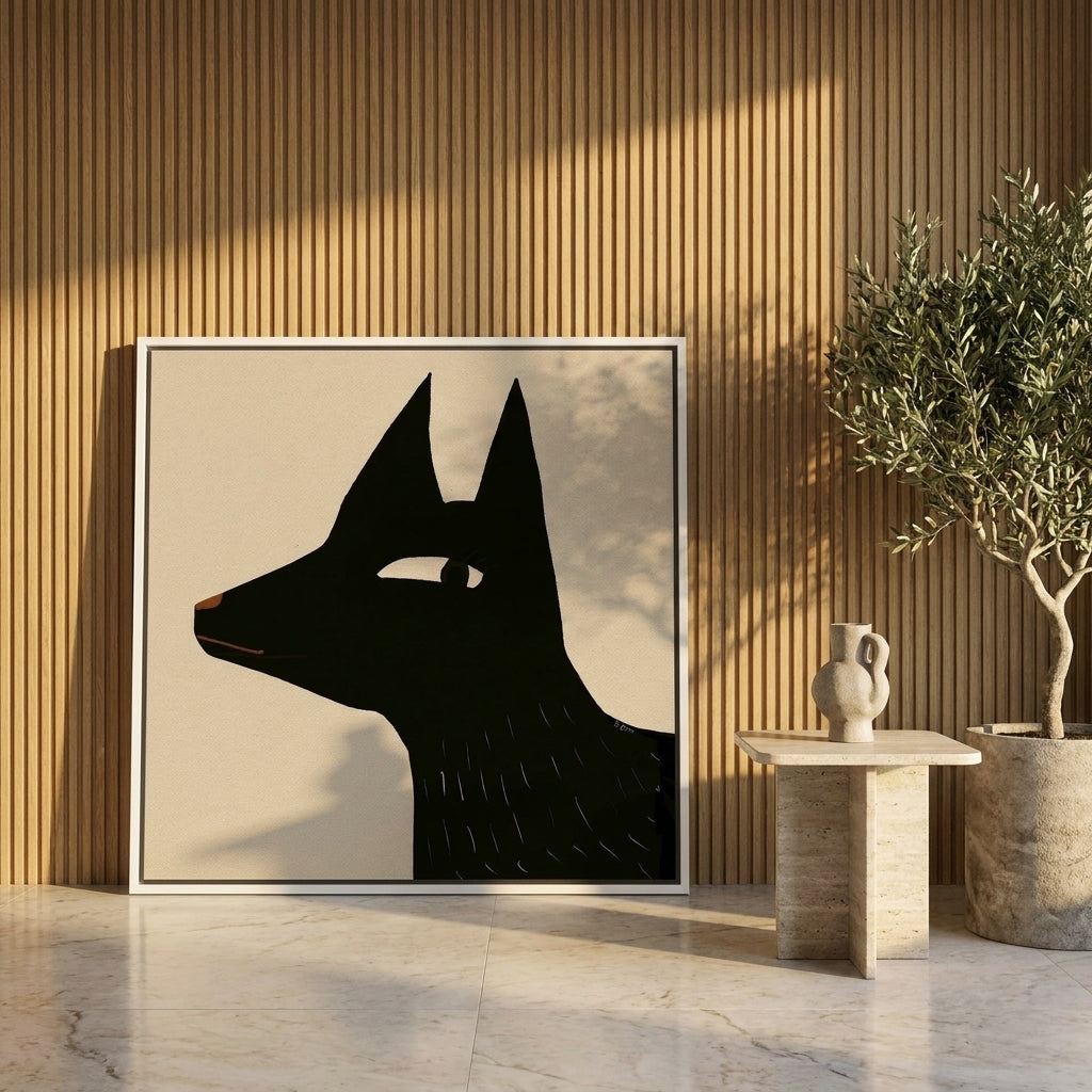 Oversized statement canvas wall art with a white surround leaning against the wall in a luxe dining room