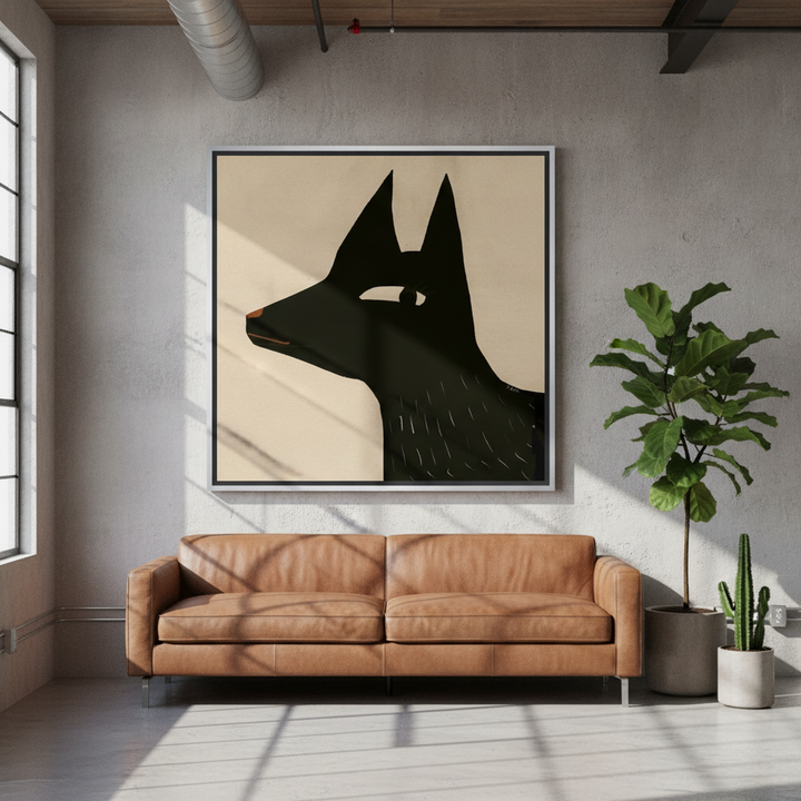 Oversized statement canvas wall art with a silver leaf surround styled on the wall in an industrial loft living room