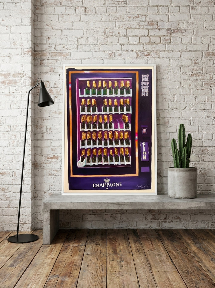 Modern wall art print standing on a kitchen bench in an industrial loft kitchen