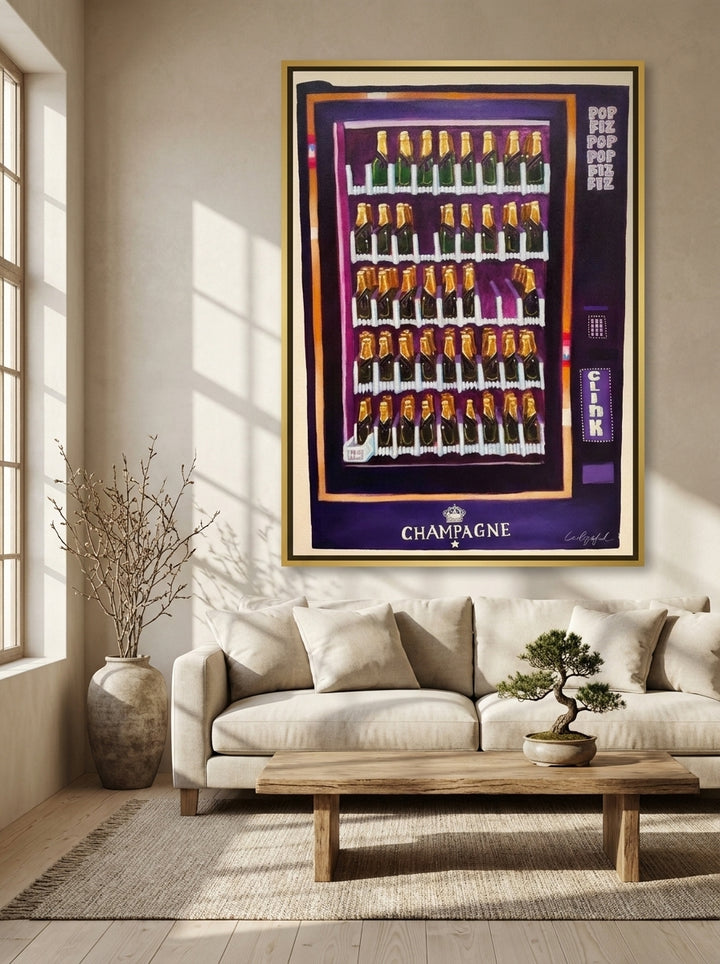 Oversized statement canvas wall art with a gold leaf surround styled on the wall in a warm Japandi living room