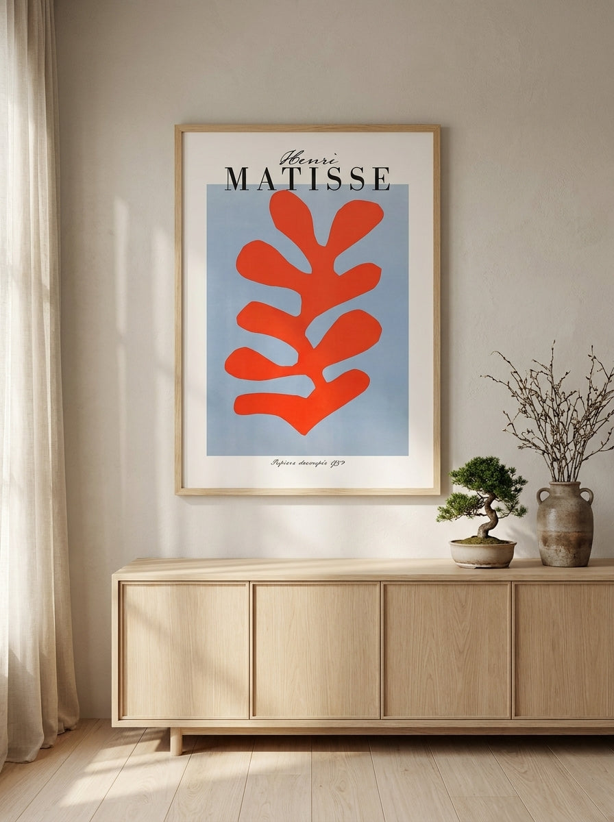 Modern wall art print styled on the wall in a warm Japandi living room
