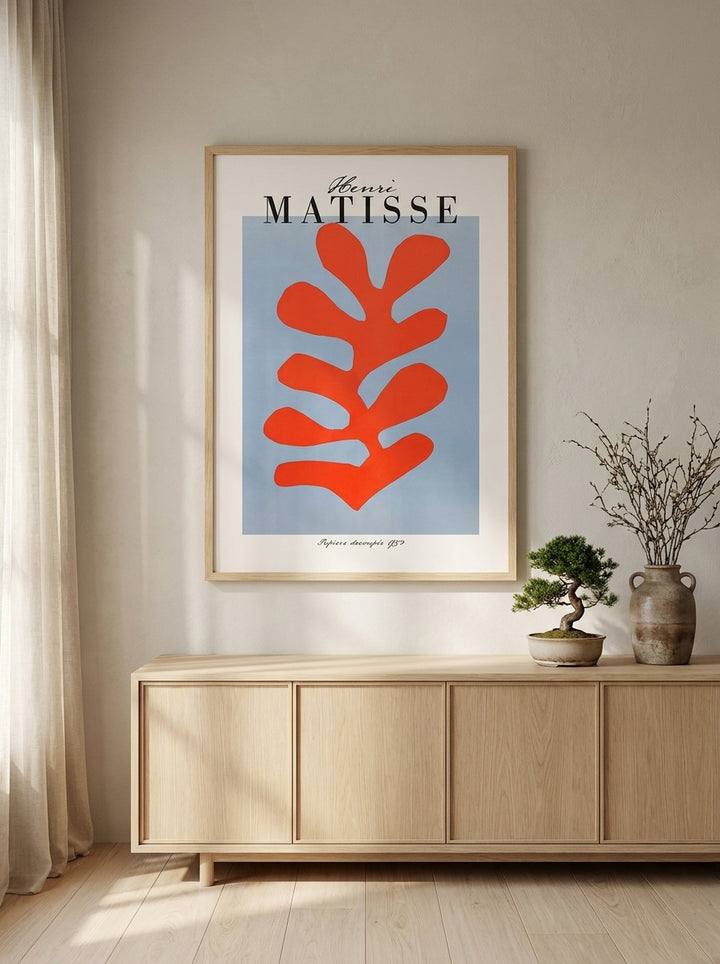 Modern wall art print styled on the wall in a warm Japandi living room